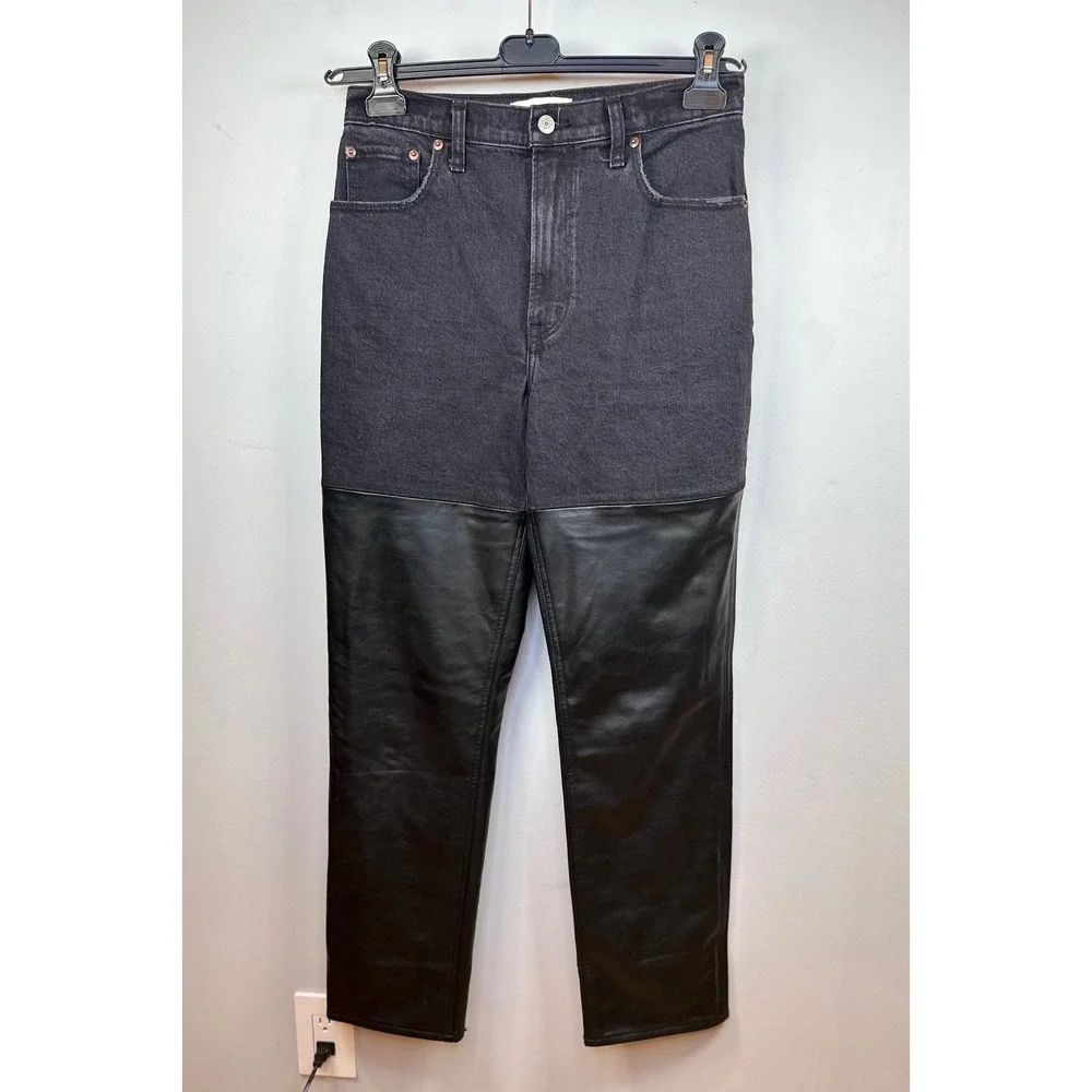 Abercrombie Fitch 90s Straight Ultra High Rise Black Denim Leather Panel Pants - Picture 3 of 6